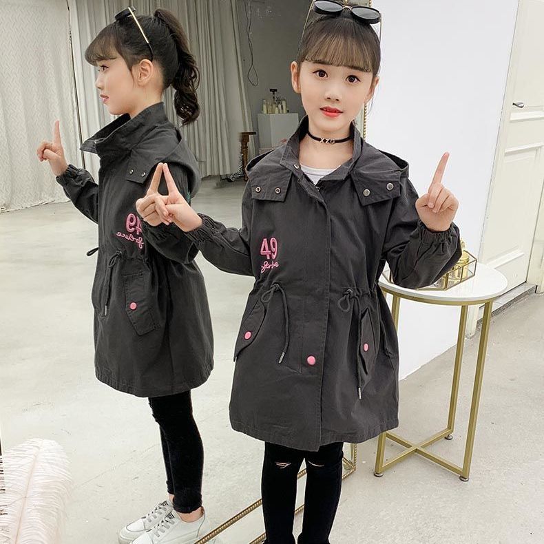 Girls' windbreaker 2023 new Korean version of foreign style spring and autumn style middle and big children's students loose mid-length coat winter style trendy