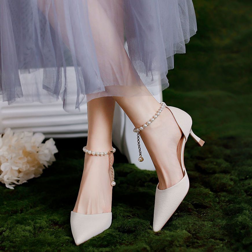 法式气质小珍珠高跟鞋女2022年早春新款新娘婚鞋细跟尖头礼服单鞋