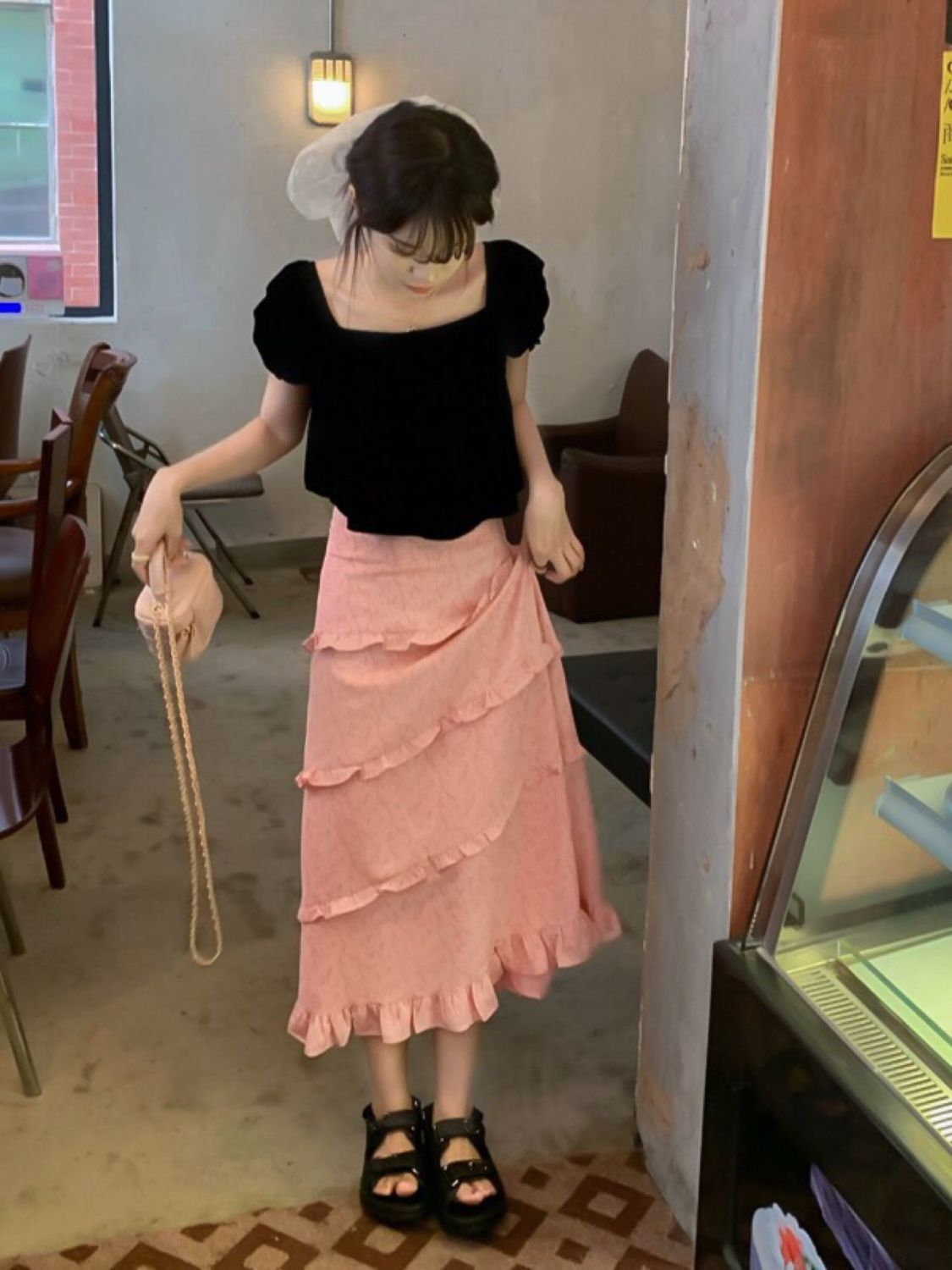 兩件套裝夏季新款方口領襯衣泡泡袖上衣輕奢A字裙中長款半身裙子