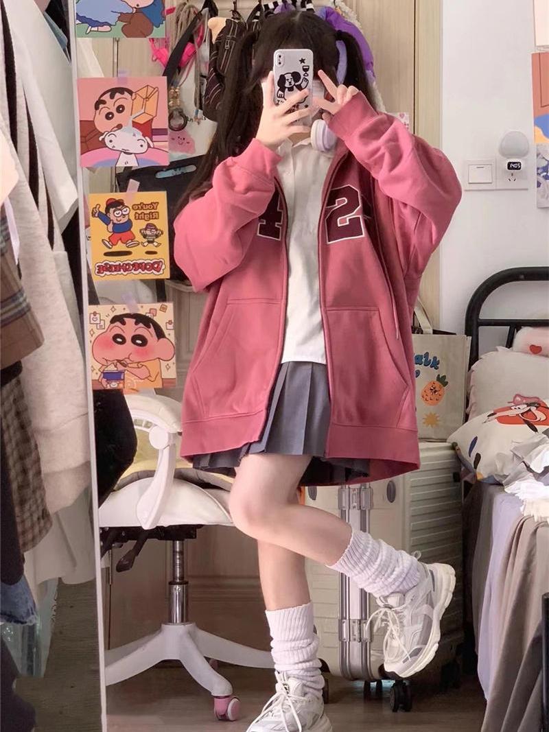 粉色开衫卫衣女2022春秋宽松小众设计高级感oversize薄款拉链外套