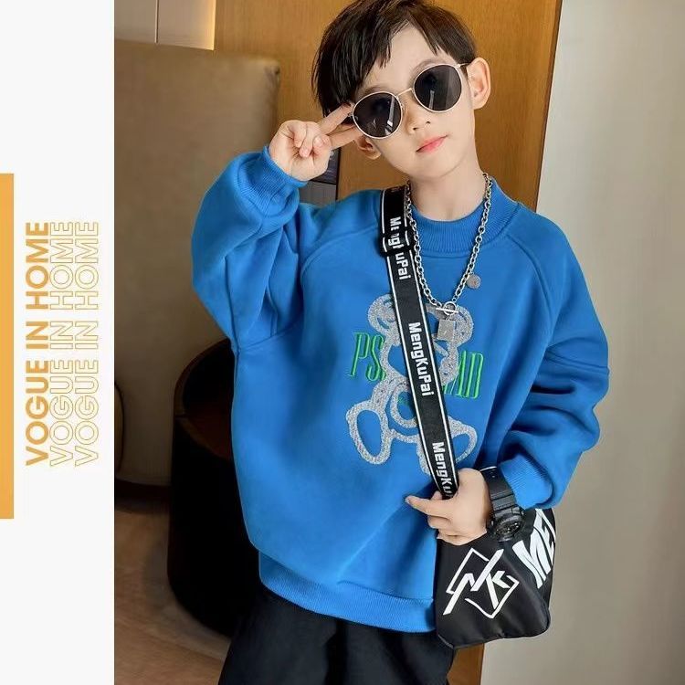 Boys fleece sweater  new children's loose all-match round neck pullover baby bottoming shirt tide