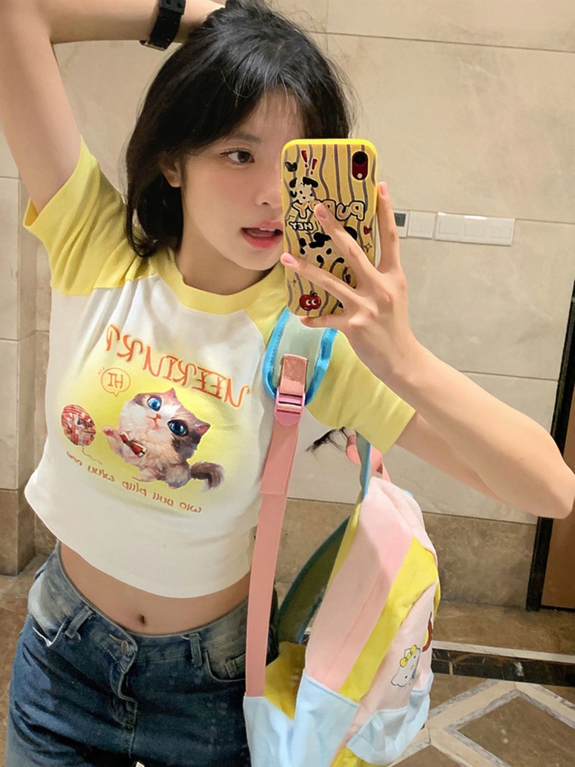 純棉撞色可愛貓咪字母短袖t恤女夏季修身顯瘦bm時尚百搭短款上衣