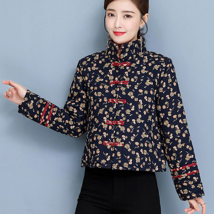 Tang suit floral small padded jacket Chinese style retro buckle warm jacket autumn and winter ethnic style padded thick cotton coat