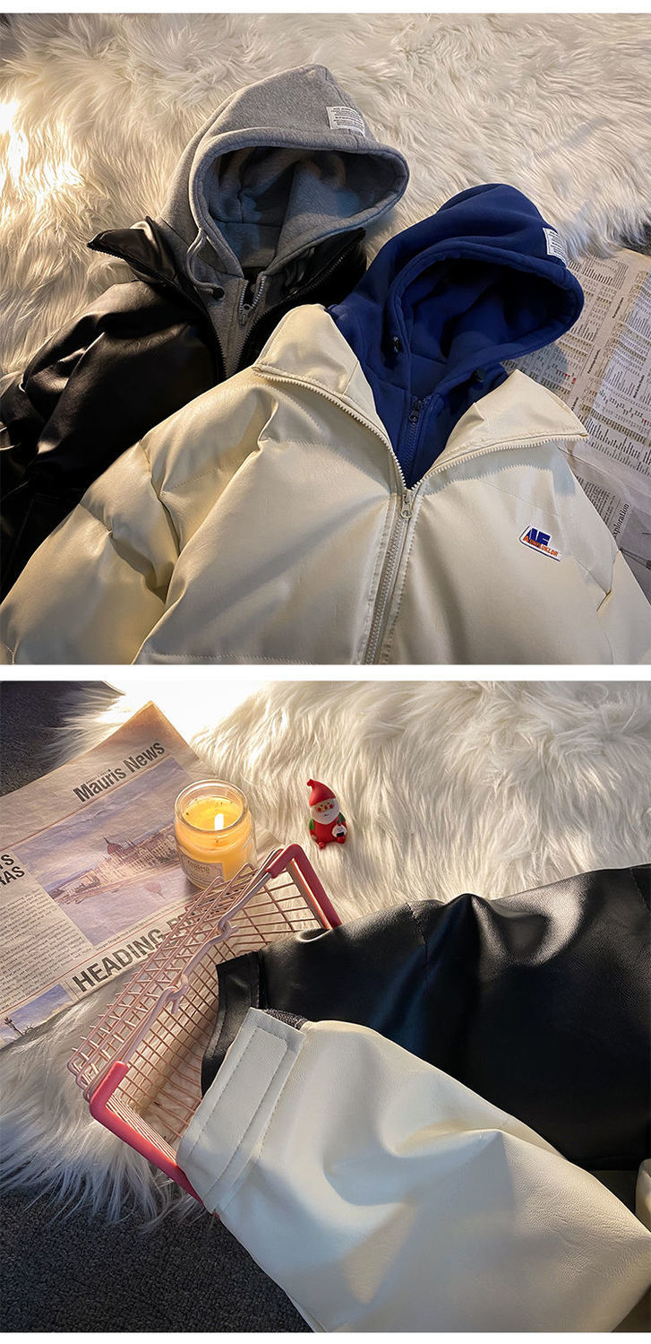 Fake two cotton-padded coats for men pu leather clothing trend autumn and winter cotton-padded coats thickened warm cotton-padded coats for men_voghion.com