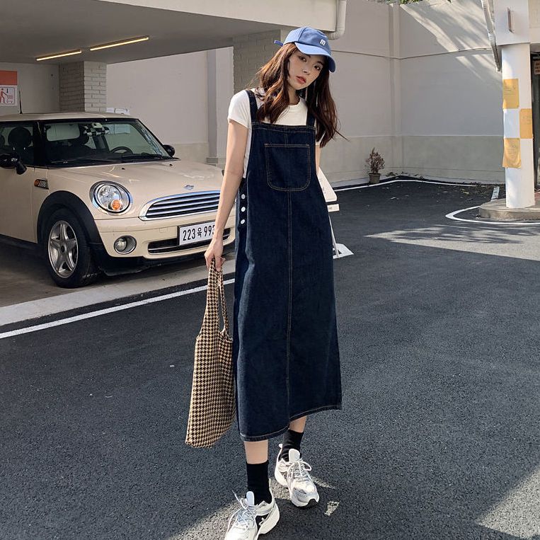 a字裙牛仔背帶連衣裙女春秋新款復古設計感小眾長裙裙子春裝2023