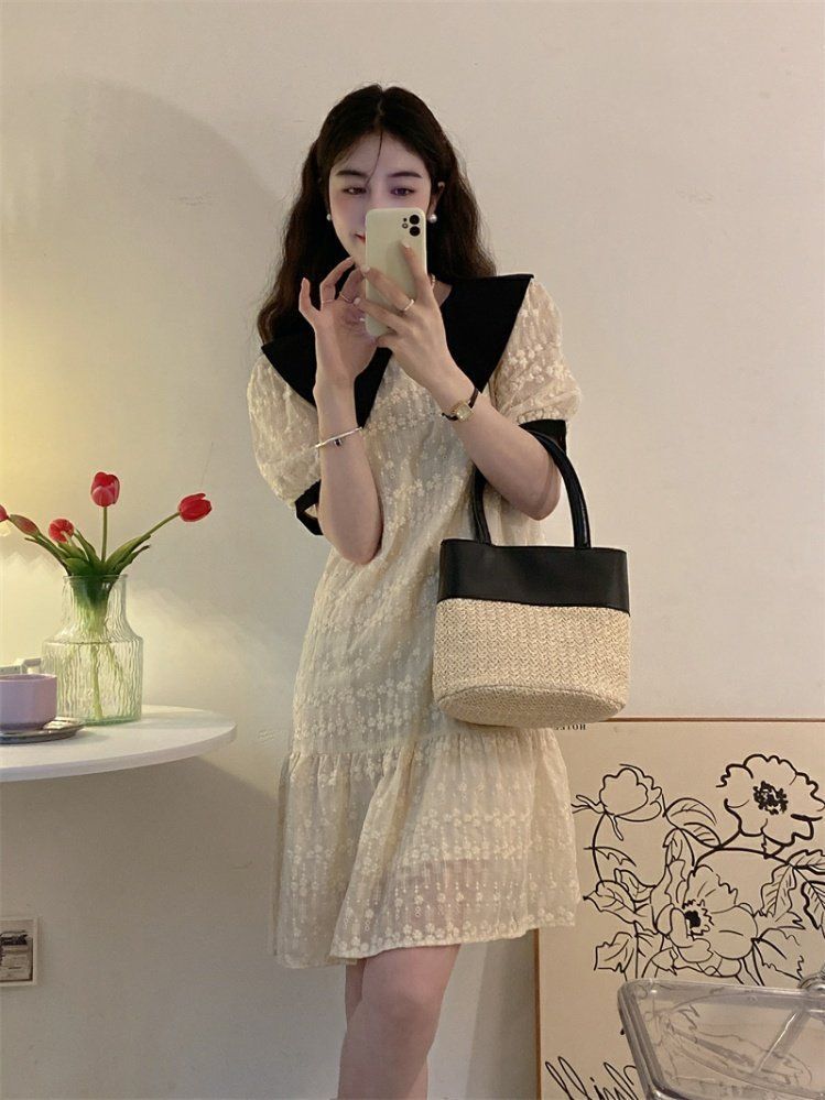 French-style doll collar dress women's summer can be salty and sweet temperament high-level sense of covering flesh and thin bubble short-sleeved skirt