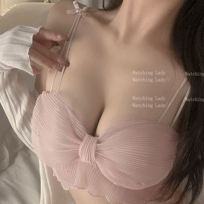 Pure desire sweet bra thin section underwear women's Japanese bowknot ruffles gather no steel ring to close the pair of milk bra