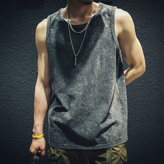 Cotton vest men's summer loose old washed Hong Kong style retro vest t-shirt outerwear sports fashion sleeveless tide