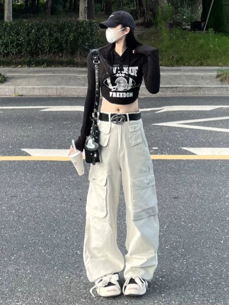 2023 new autumn retro niche high-waisted straight jeans for women ins loose hot girl white wide-leg overalls