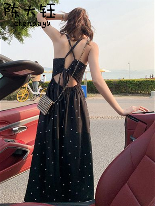 陳大鈺美背波點2023吊帶裙女露背海邊度假風連衣裙氣質純欲風長裙