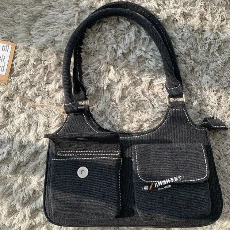 BrandyMelville2022新款雙口袋深牛仔藍小號復古手提包單肩腋下包