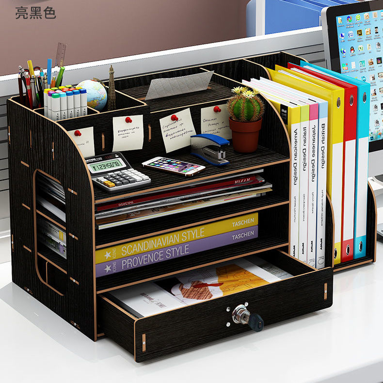 办公桌面文件夹收纳盒木质抽屉式收纳柜学生书桌上文具杂物整理架
