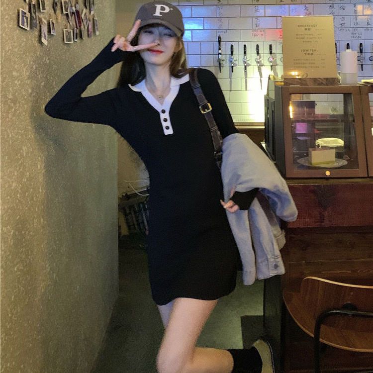 連衣裙女秋冬季小個子2022新款性感辣妹Polo領修身顯瘦內搭短裙潮