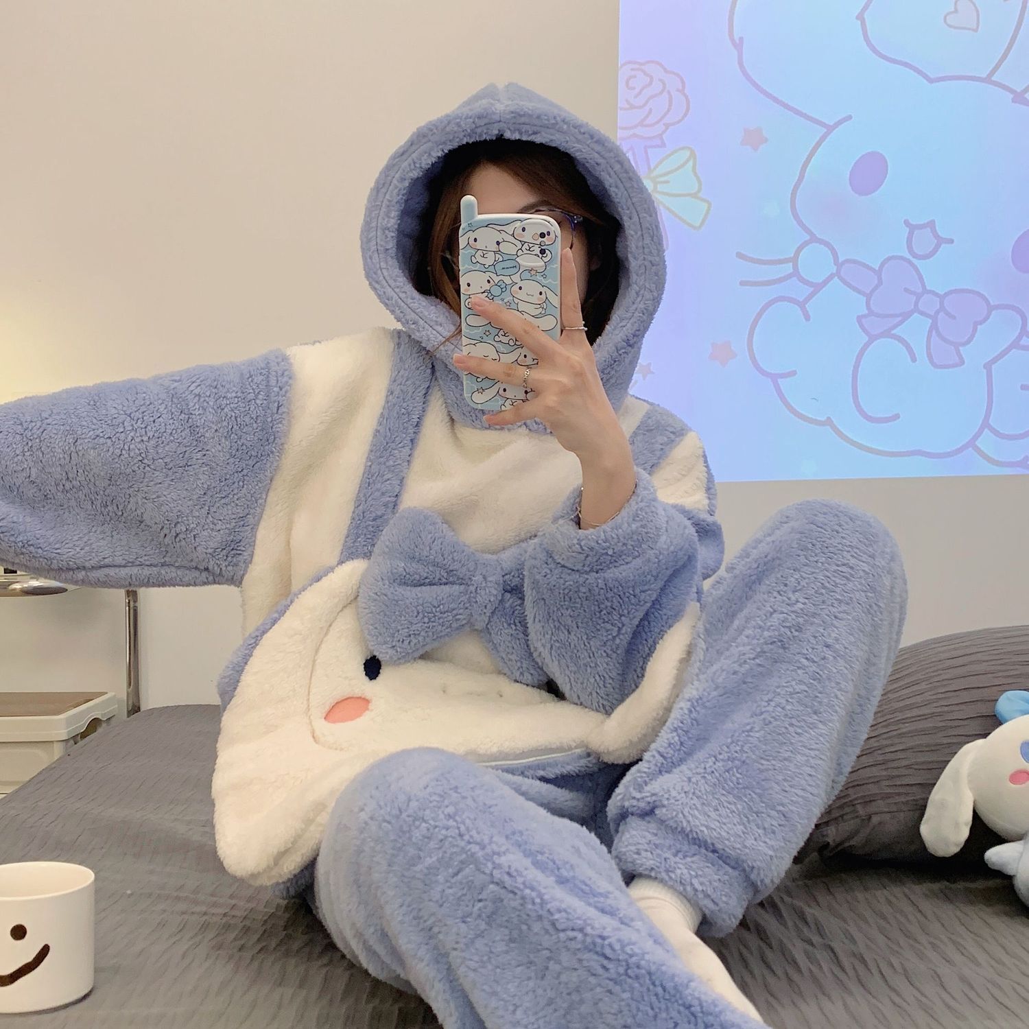 Korean version of ins cute cinnamon dog coral fleece pajamas women's autumn and winter plus velvet thickened warm home clothes two-piece suit