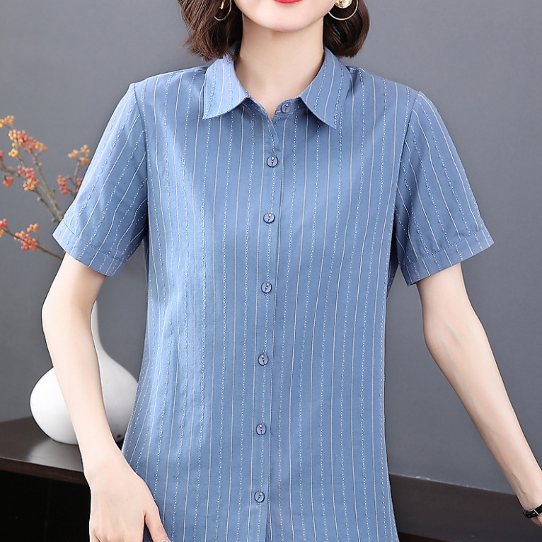 條紋短袖襯衫女棉麻2023年夏季新款翻領上衣中長寬鬆大碼薄款襯衣