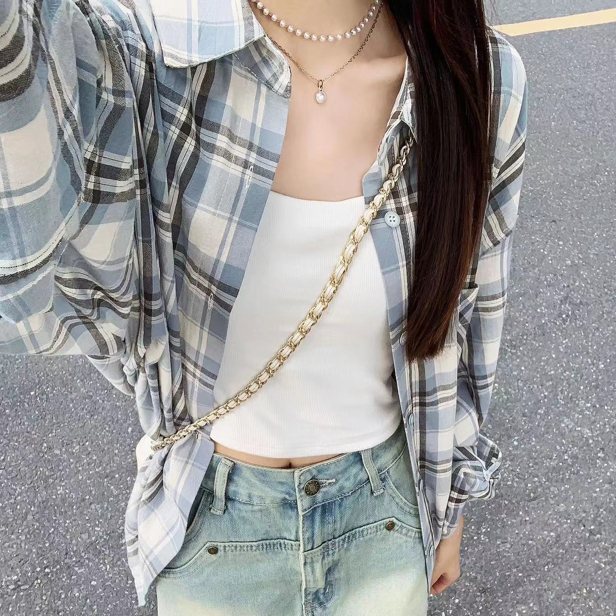 夏季薄款美式通勤格子襯衫外穿女休閒慵懶風寬鬆襯衣防曬開衫上衣