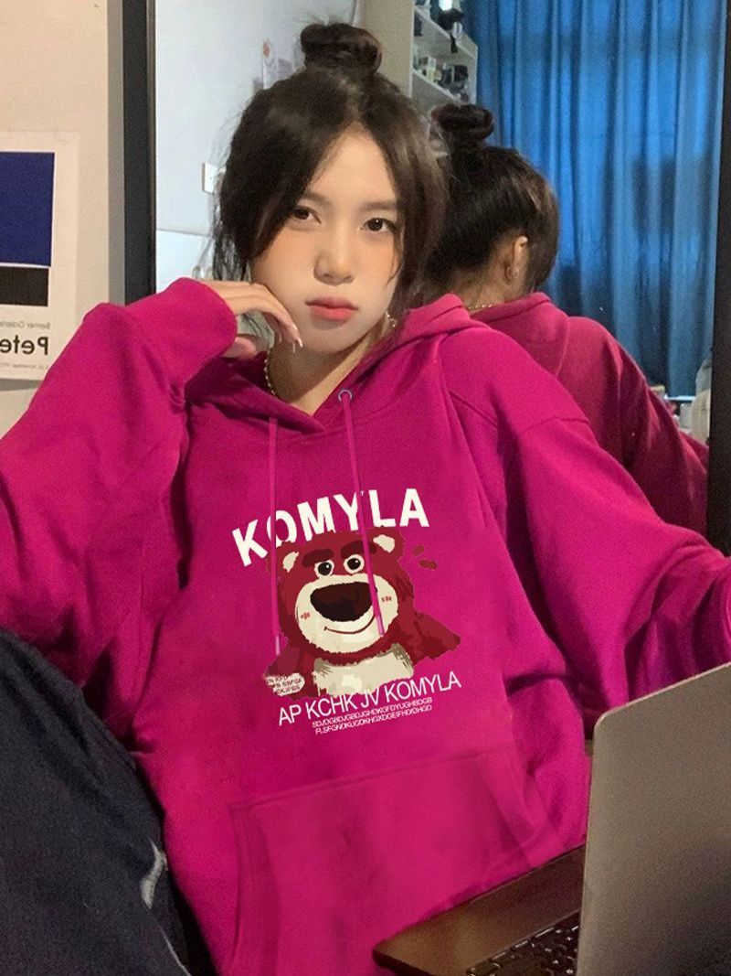American retro cartoon strawberry bear print hooded rose red sweatshirt for women autumn and winter new heavy cotton jacket trendy