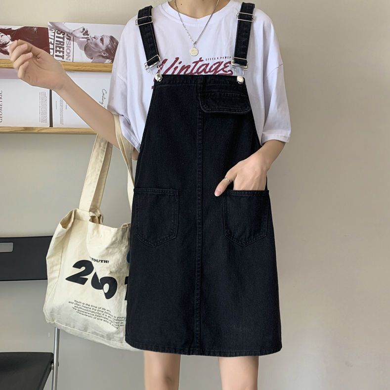 夏季新款大碼胖妹妹寬鬆顯瘦白色牛仔背帶裙女學生背帶連衣裙短裙
