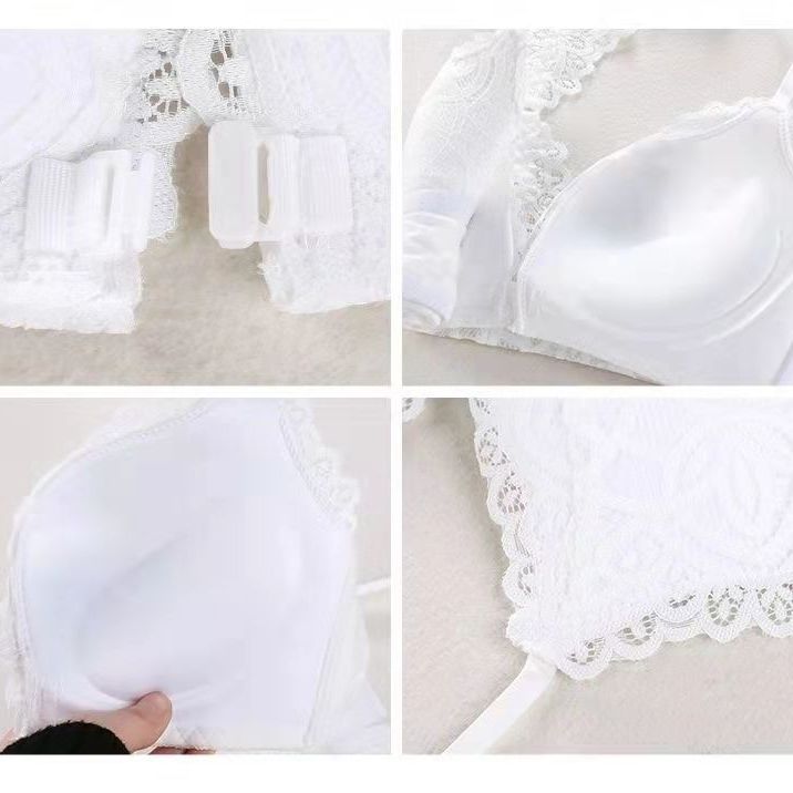 Beauty Back Front Button Underwear Ladies Sexy White Lace Bra Push Up Anti-Sagging No Steel Ring Bra Set