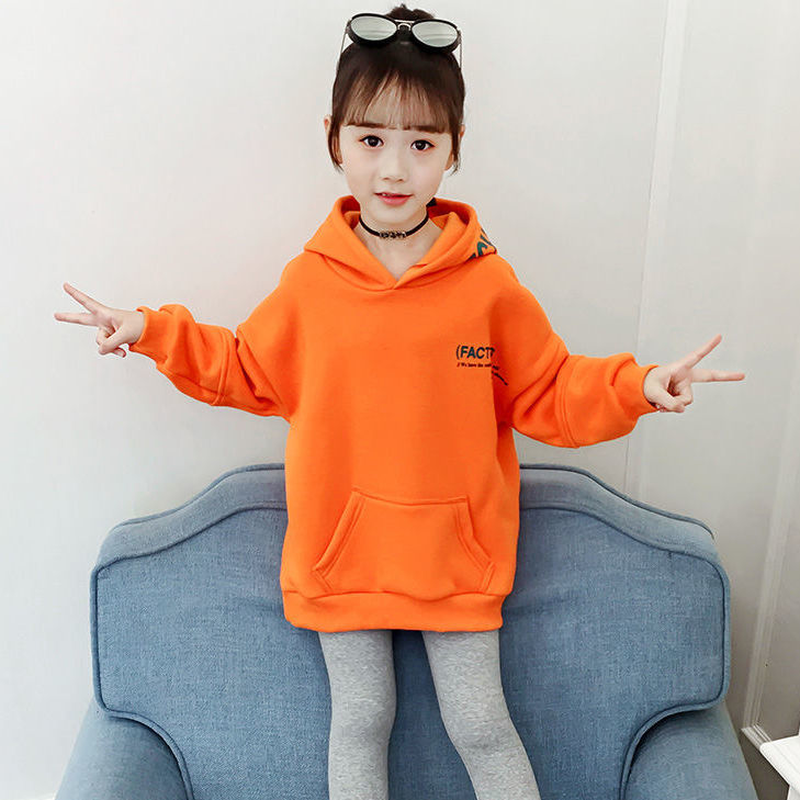 Girls sweater spring and autumn thin section Korean fashion middle and big children's sweater autumn and winter style thin velvet new hooded long-sleeved top