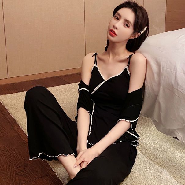 New modal three-piece pajamas women's sexy suspenders spring and autumn long-sleeved pure cotton with chest pad home clothes summer