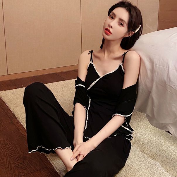 Modal Cotton Spring and Summer Pajamas Feminine Lazy Style Casual Belt Pad Can Be Worn Three-piece Spring and Autumn Homewear