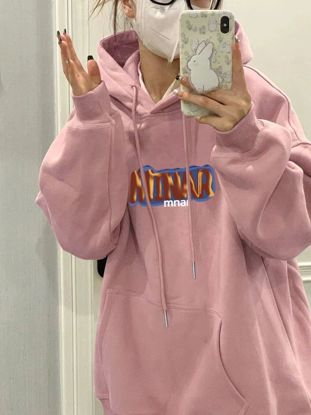 藕粉色連帽衛衣女春秋款寬鬆oversize美式復古國潮牌重磅上衣ins