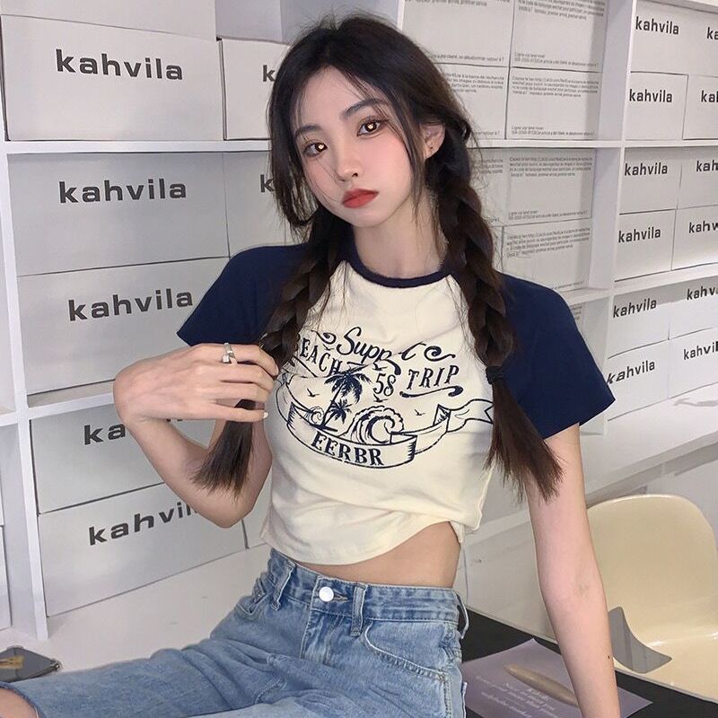 y2k Korean short-sleeved waist tight t-shirt women show figure summer student hot girl high street all-match bm wind short top