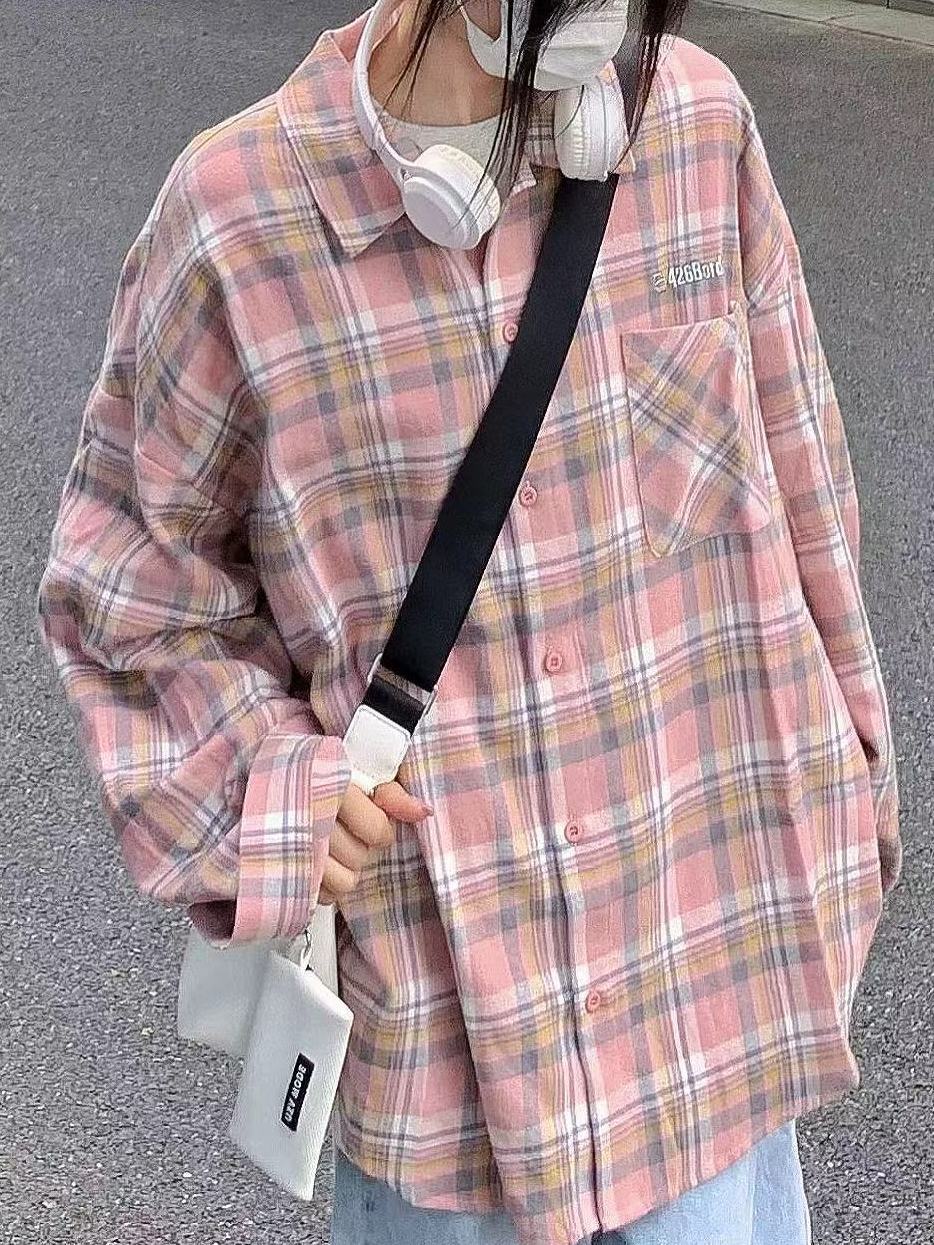 森系超顯白粉黃色格紋襯衫女學生寬鬆百搭顯瘦情侶款襯衣外穿開衫