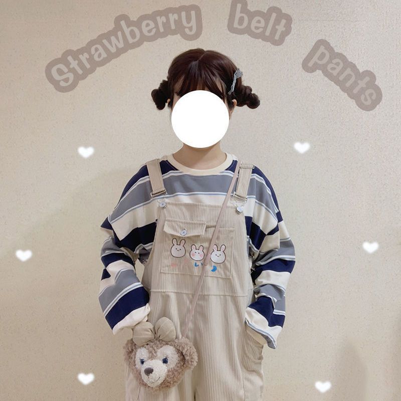 Rabbit Japanese cute corduroy overalls female students Korean spring and autumn trousers one-piece suspenders straight wide-leg pants