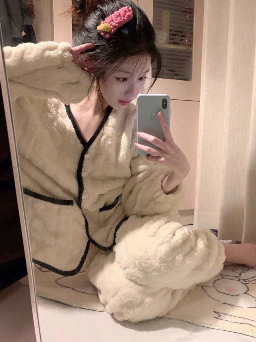 珊瑚絨睡衣女士秋冬季可愛韓版加絨加厚法蘭絨保暖家居服套裝冬天