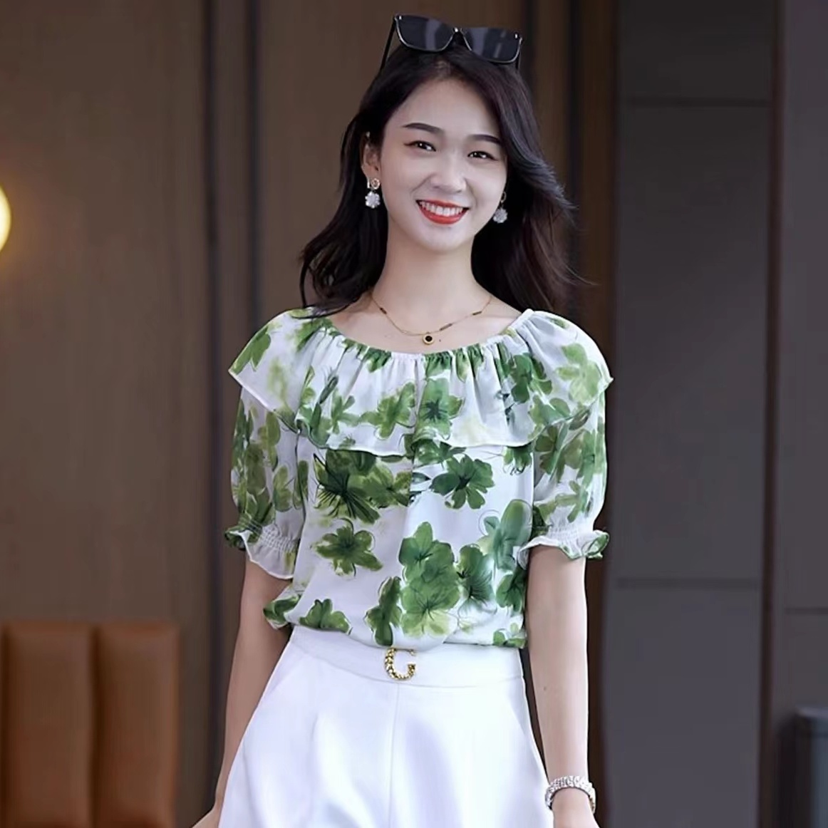 時尚百搭一字肩雪紡衫女2023夏季新款通勤減齡寬鬆遮肚爆款上衣女