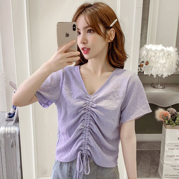 Chiffon top women's summer design niche French chic V-neck drawstring bubble wrinkle shirt sweet short-sleeved T-shirt trendy