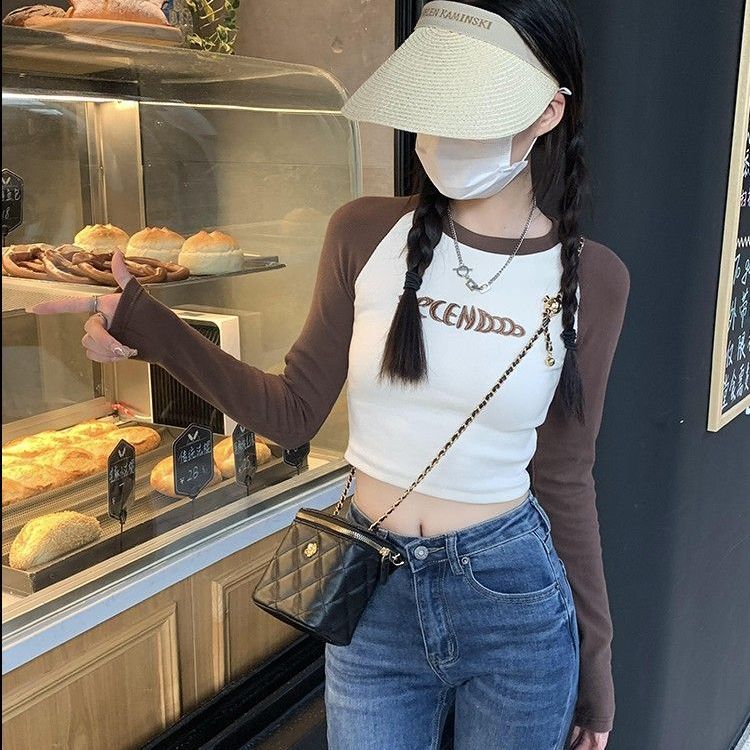 Ins European and American hot girls tight-fitting t-shirt female students long-sleeved high-waisted navel autumn clothes outerwear tops bottoming small shirts winter tide