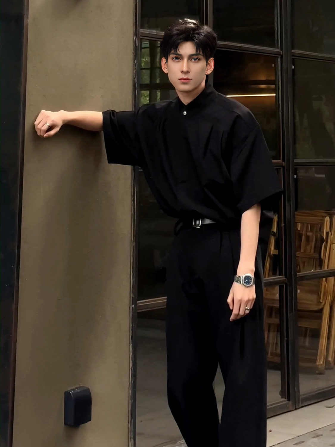 纯黑色新中式衬衫国风男装高级感立领设计感帅气短袖衬衣外套夏季