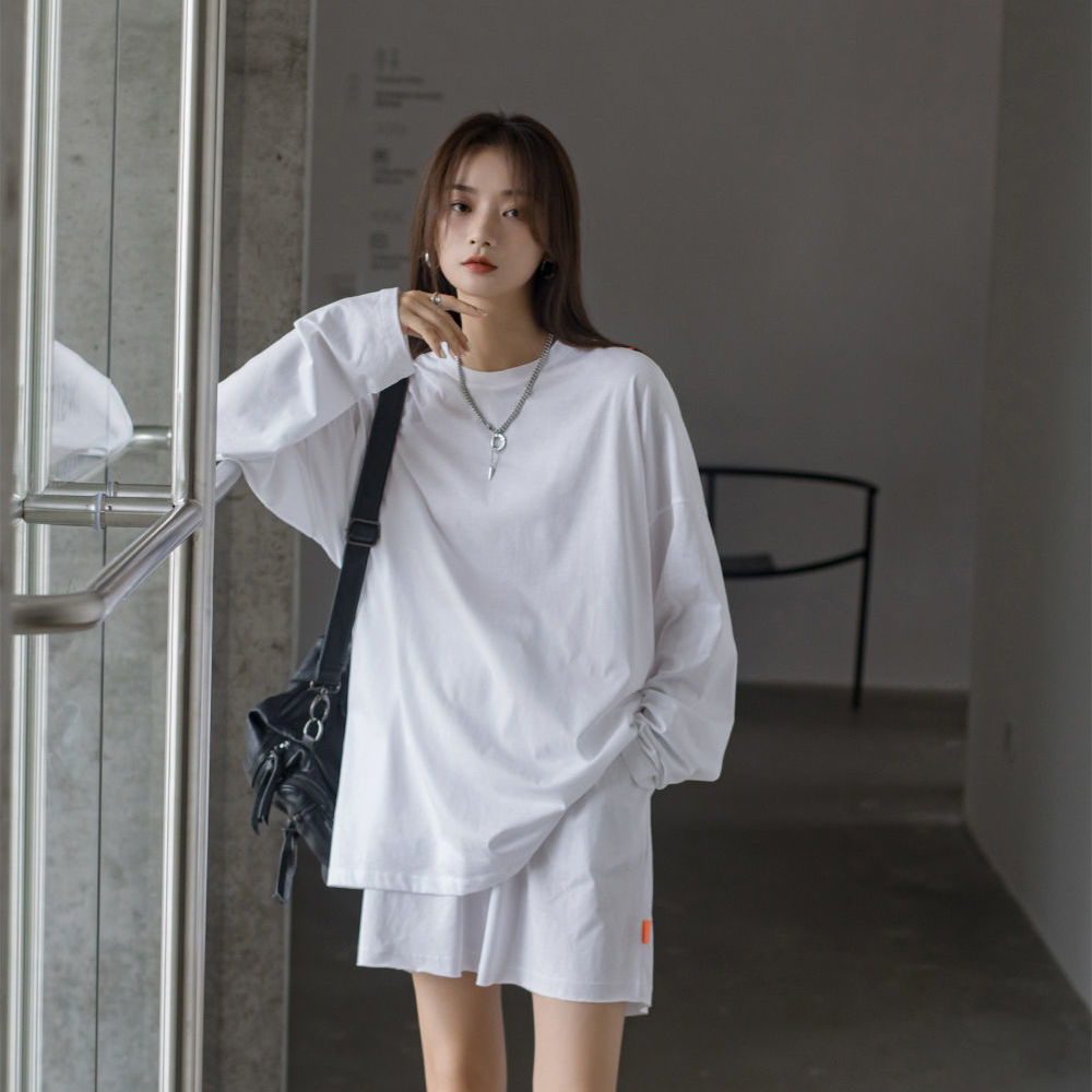 77049-2021宽松大码女款早春秋季韩版内百搭纯棉白色t圆领T恤长袖打底衫【9月28日发完】-详情图