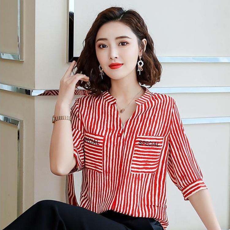 V領雪紡衫女2023夏裝新款短袖時尚洋氣質條紋襯衫寬鬆遮肚子上衣