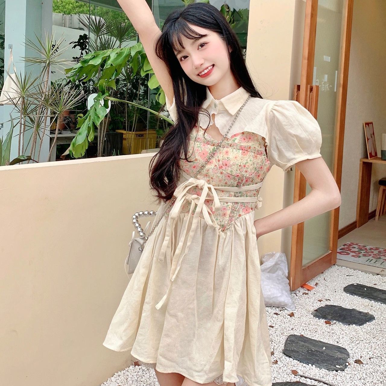 兩件套裝/單件甜辣風純欲小眾碎花吊帶連衣裙女甜美泡泡袖上衣ins