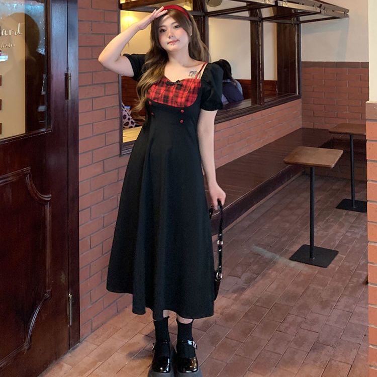 Large size fat mm contrasting color splicing puff sleeve dress women's new summer new slim slimming waist college style long skirt