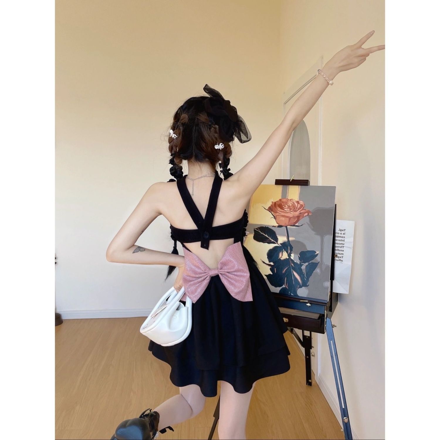 Yuzhi YUZHI [Gothic Walnut] Spice Girl Style Bow Knot Tutu Skirt Hanging Neck Tube Top Pure Desire Dress Female
