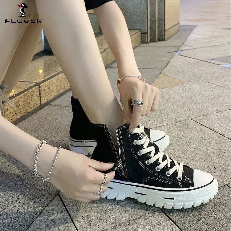 PLOVER啄木鳥高幫帆布鞋女2022秋季新款百搭側拉鏈韓版ins板鞋