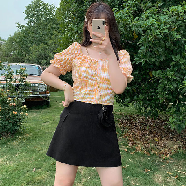 大碼女裝2022新款夏季胖mm上衣寬鬆百搭格紋襯衫女黑色半身裙套裝
