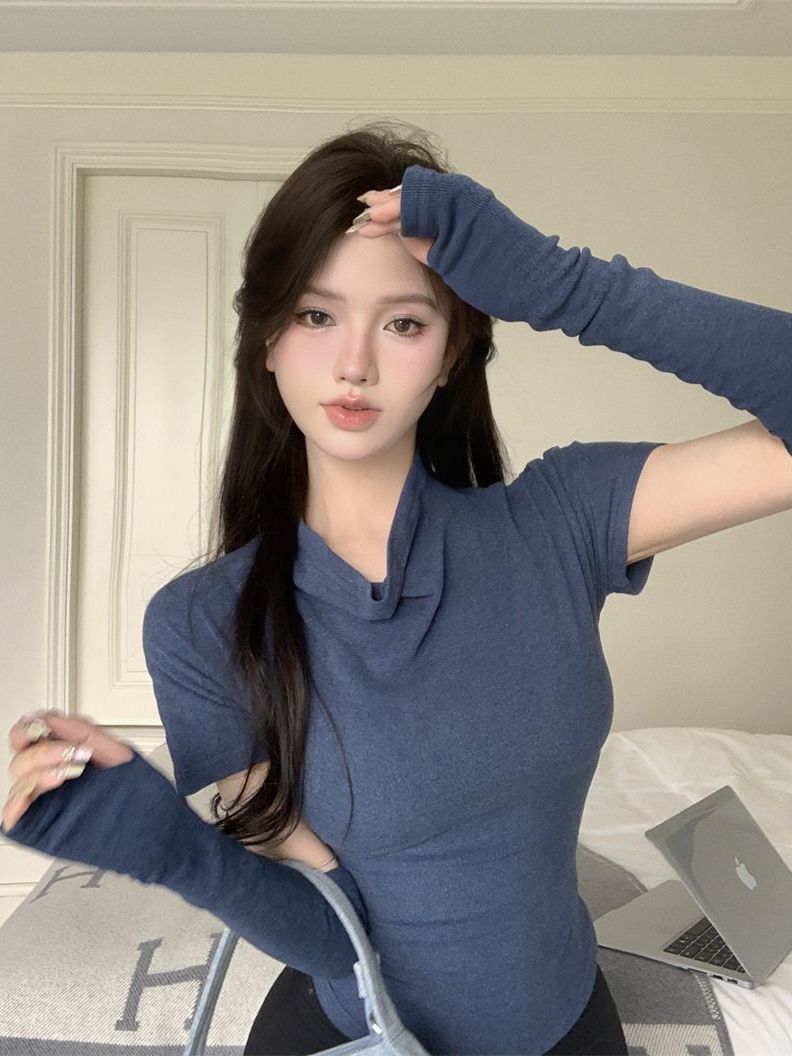 藍色半高領短袖T恤女23早秋袖套甜辣妹修身打底衫小眾上衣