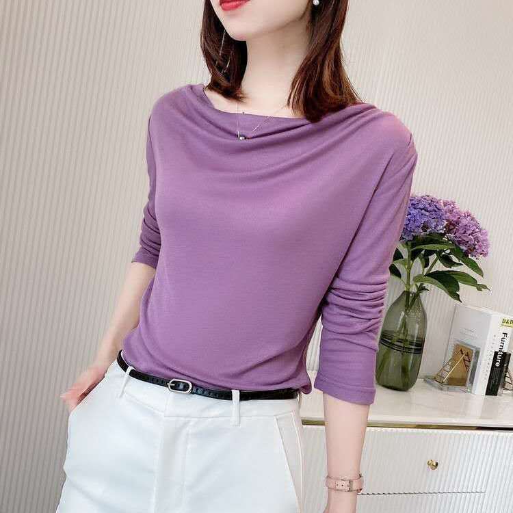 Spring and autumn new bottoming shirt foreign style piled collar long-sleeved T-shirt women's all-match solid color fashion temperament middle-aged top