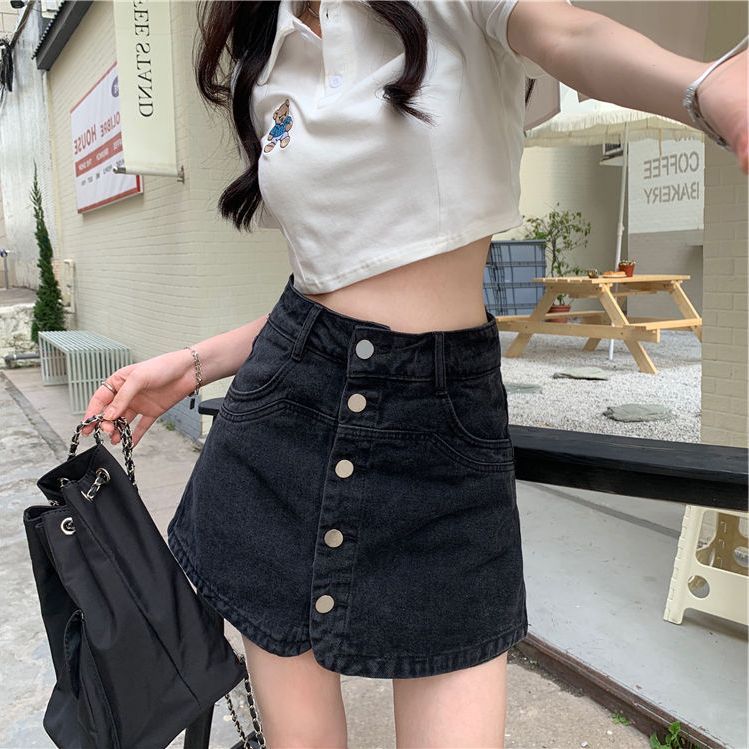 Large size fat sister high waist denim short skirt women's summer new anti-light thin a-line hakama bag hip skirt