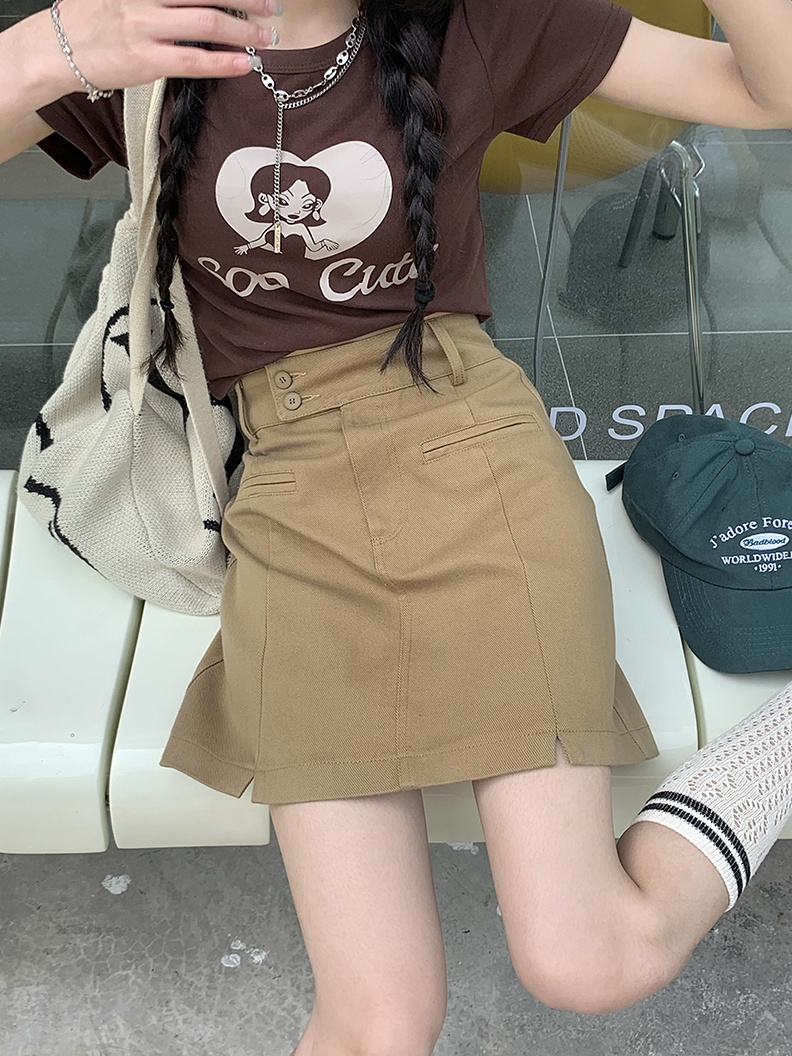 Spicy Girls' Khaki Denim Skirt Women's Autumn/Winter  New Split Short Skirt Small Tall Waist A-line Skirt