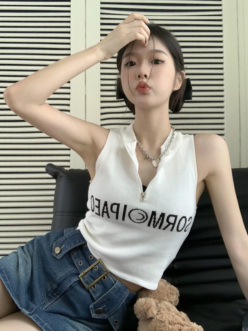 美式復古拉鏈刺繡吊帶背心女夏季內搭設計感小眾外穿短款辣妹上衣