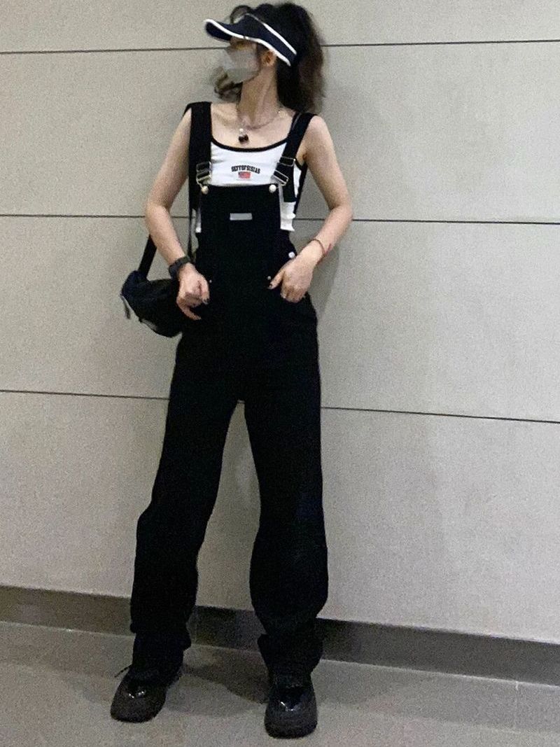 Black denim overalls women's Korean version  spring and autumn high waist loose slimming age-reducing fried street straight one-piece pants