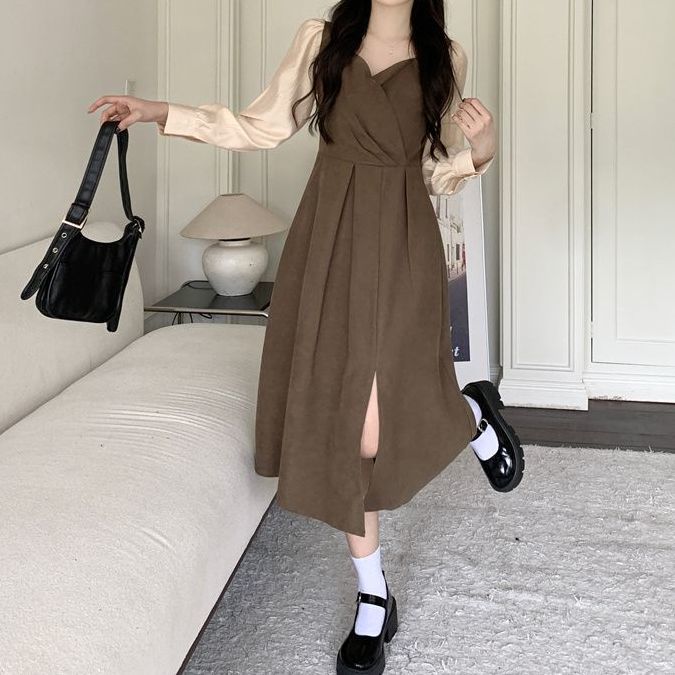 赫本風假兩件連衣裙女春秋新款大碼胖mm高級感法式美拉德微胖穿搭