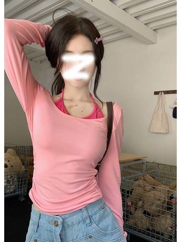 韓版大碼女裝胖mm純欲風假兩件掛脖修身顯瘦T恤秋2023新款上衣潮